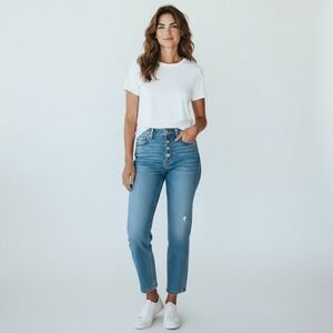 WHETHERLY High Rise Straight Leg Jeans Blue Button Fly Distressed Size 30